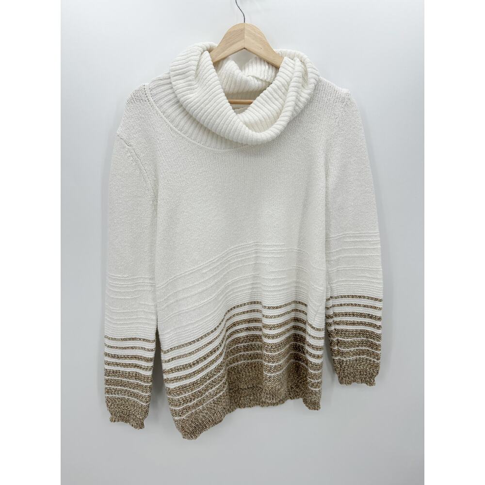 Calvin Klein Sweater Women Medium White Gold Striped Cowl Neck Knit Pullover